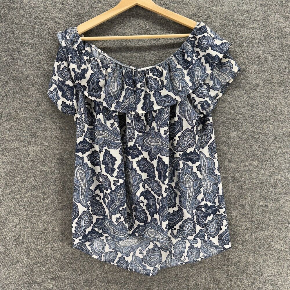 Roz & Ali Blouse Women XL Gray Paisley Short Sleeve Round Neck Pullover Casual